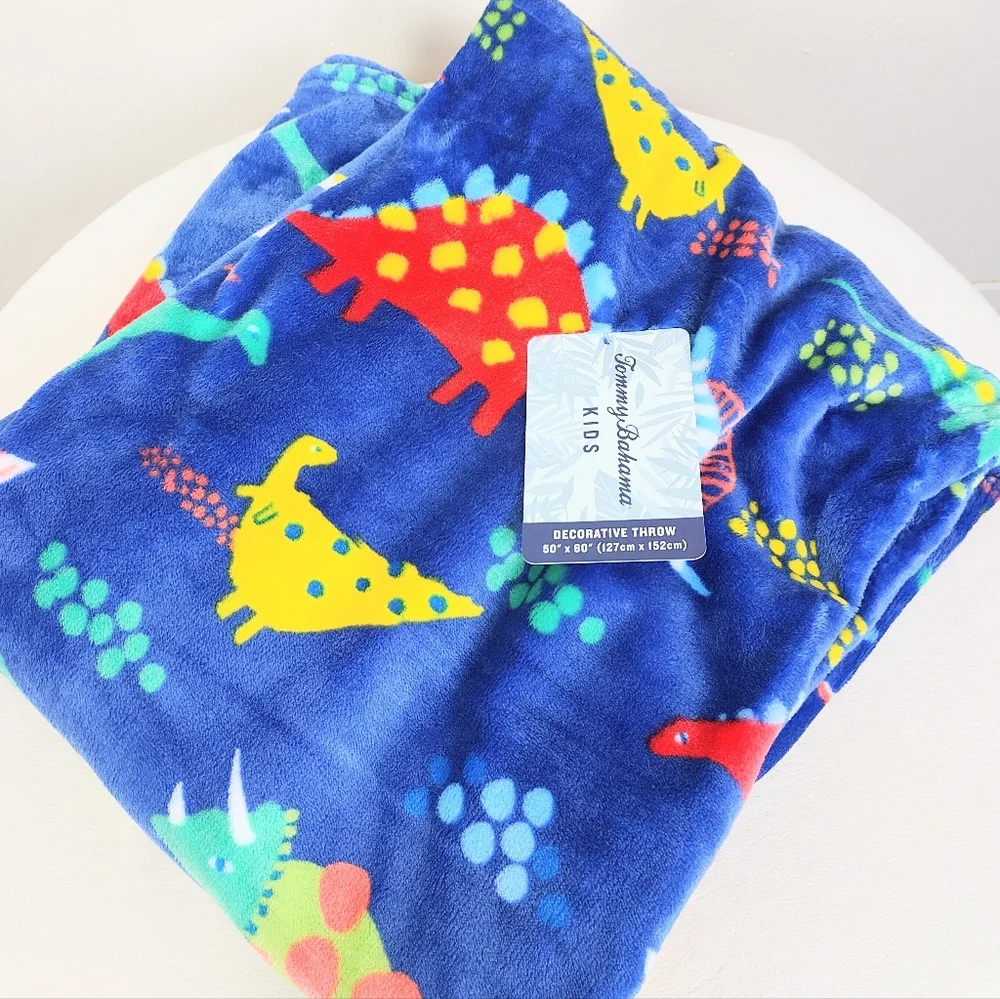 NEW! Tommy Bahama Plush Dinosaur Blanket Throw Blue Large Fleece 50x60 Soft